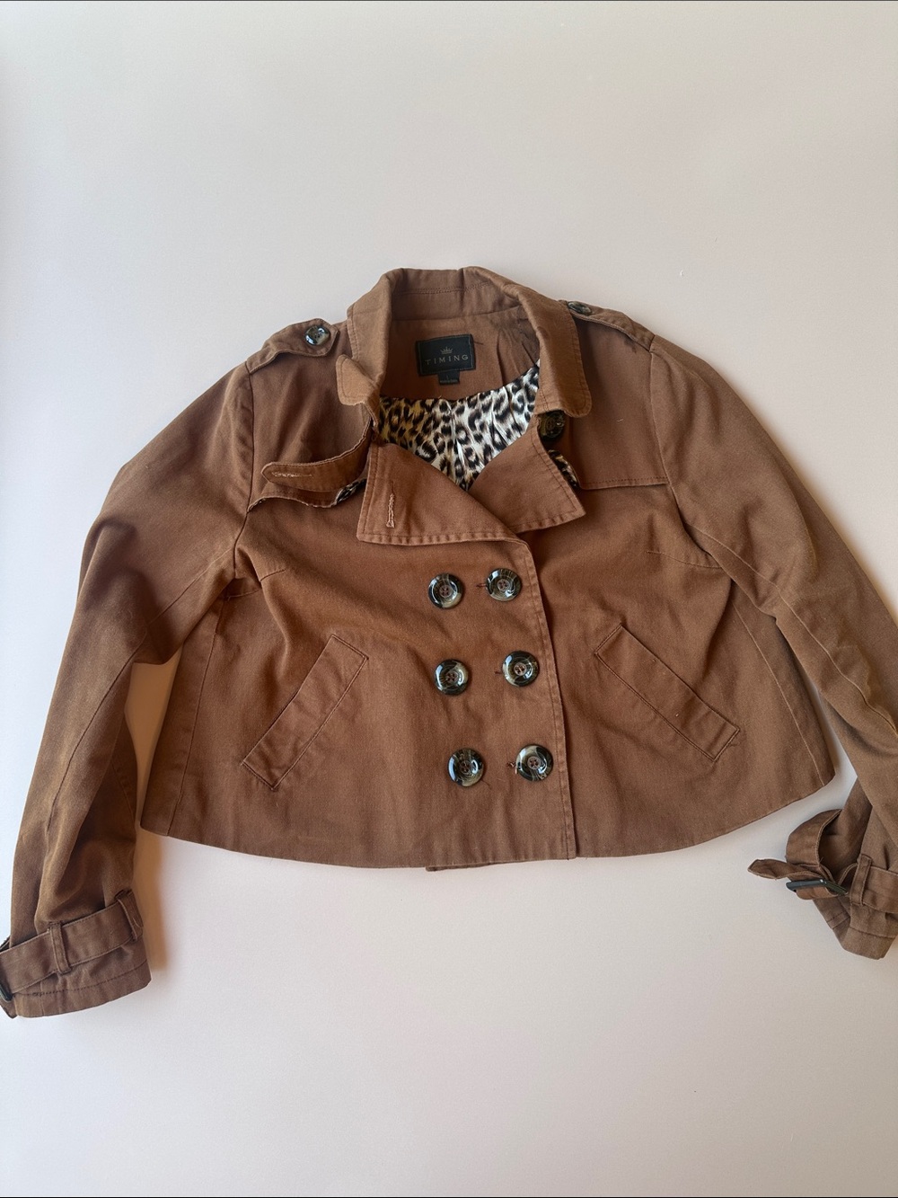 Timing Cropped Brown Double-Breasted Pea Coat with Leopard Lining